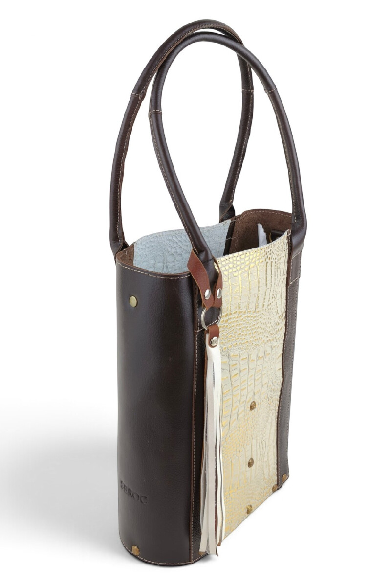 Matera de Cuero Combinado Grabado – Con Compartimento Interno Croco beige y dorado