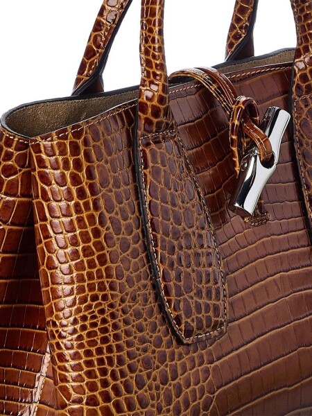 Longchamp -Cartera clásica de cuero impreso cocodrilo, Roseau Essential Camel
