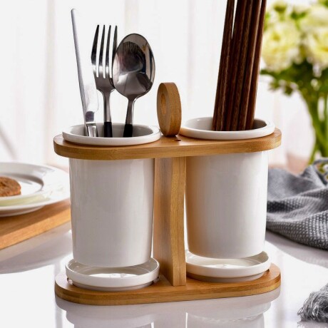 Porta Cubiertos Doble con Diseño Liso – Cerámica Blanca + Base de Bambú Porta Cubiertos Doble con Diseño Liso – Cerámica Blanca + Base de Bambú