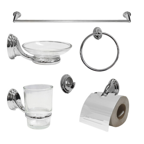 Kit Accesorio Set Baño 6 Piezas 100% Metálico y Vidrio Plateado