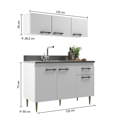 Bajo Mesada + Aereo 3 Puertas + Mesada en Acero Tramontina - Blanco Bajo Mesada + Aereo 3 Puertas + Mesada en Acero Tramontina - Blanco