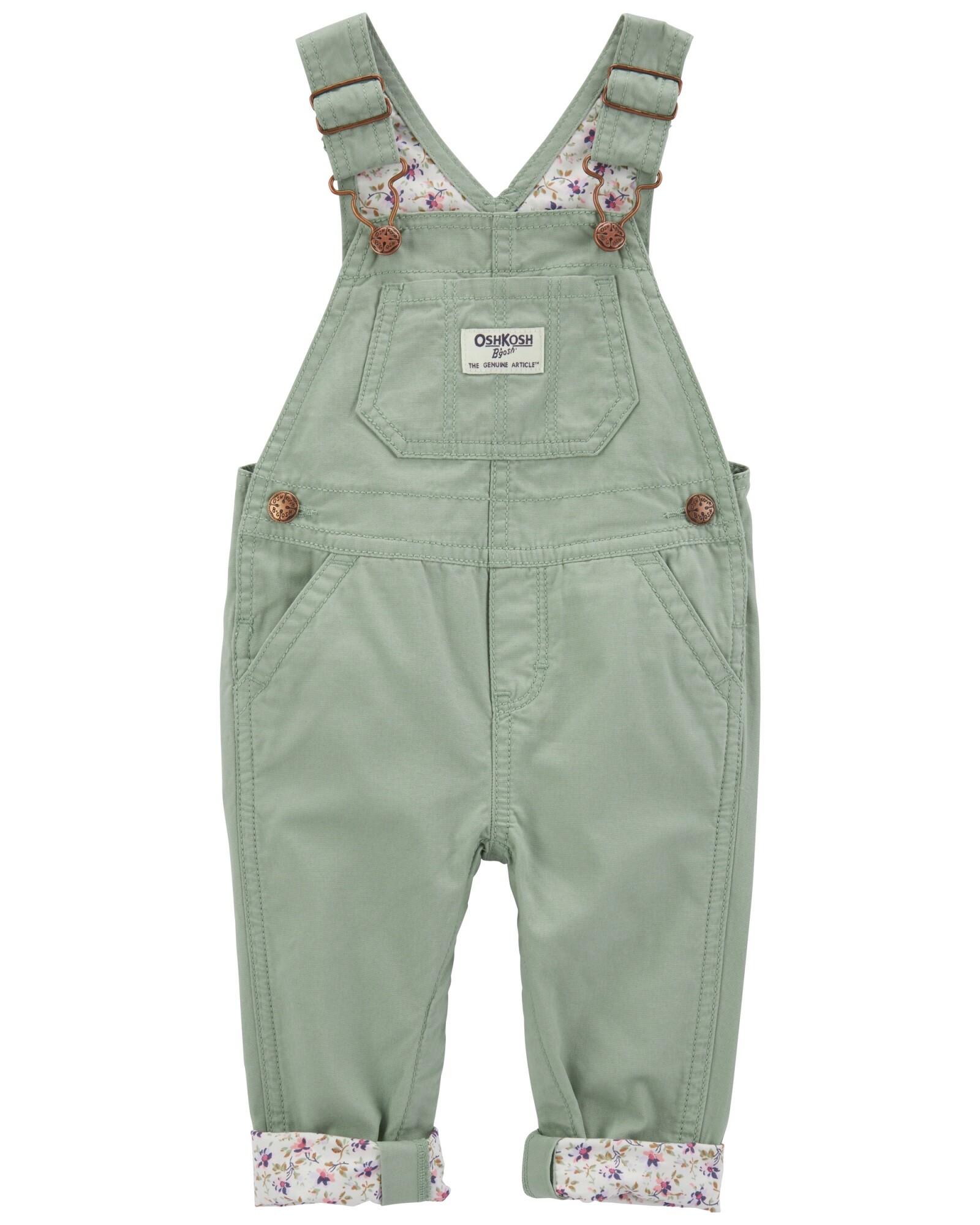 Enterito de lona, verde, con forro floral. Talles 3-24M Sin color
