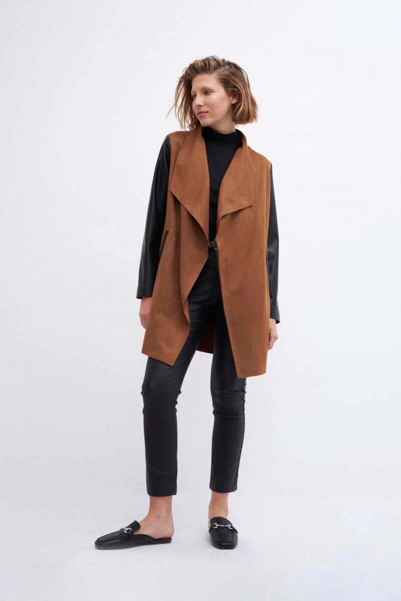 Saco combinado en suede y cuero ecológico - tostado 