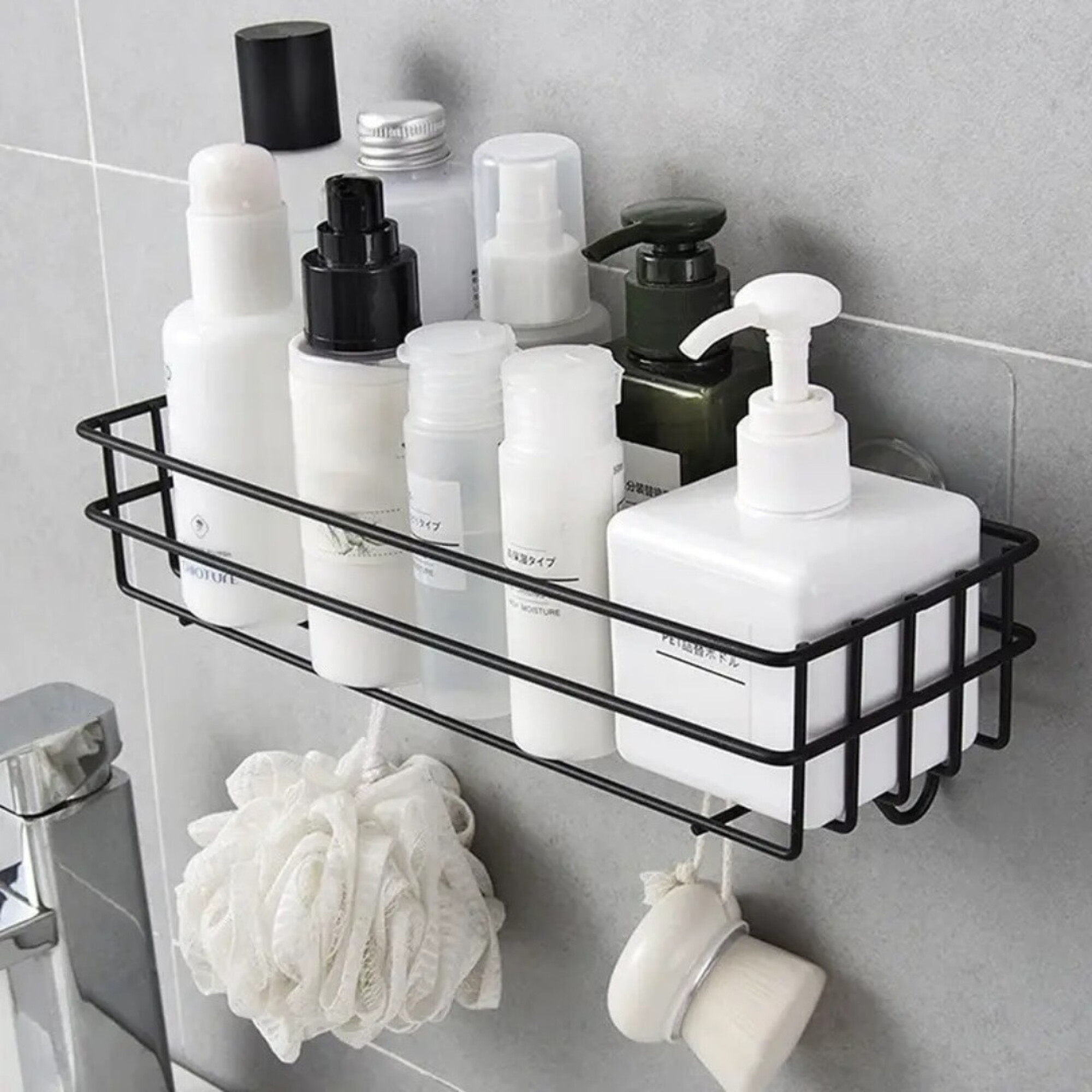 Estante de ducha negro, estante de ducha de metal para montar en la pared  con ganchos, organizador de ducha para champú, cesta de almacenamiento de