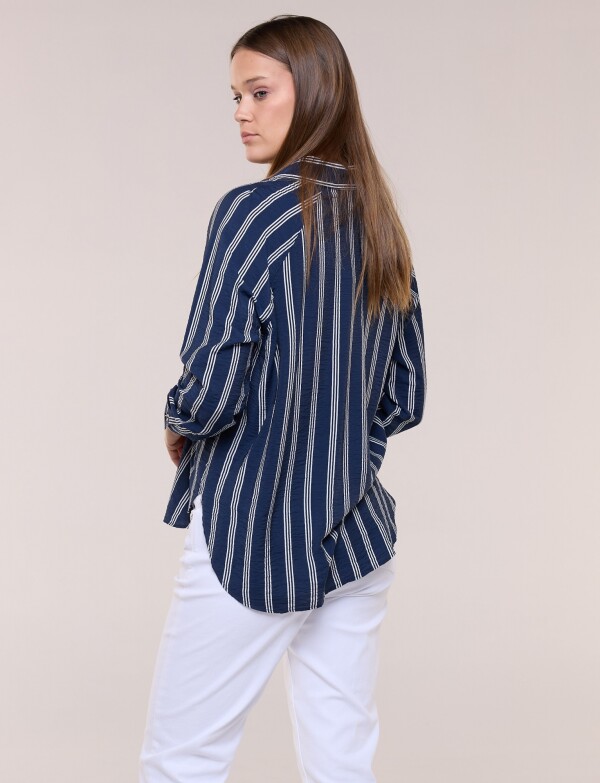 Camisa Rayada De Crepe Con Manga Raglán AZUL/BLANCO