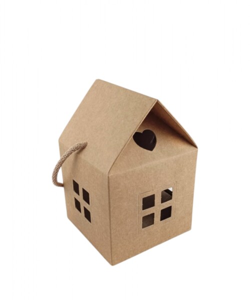 Caja casita c/cordon 10x10x9 cm. - KRAFT MARRON MADERA