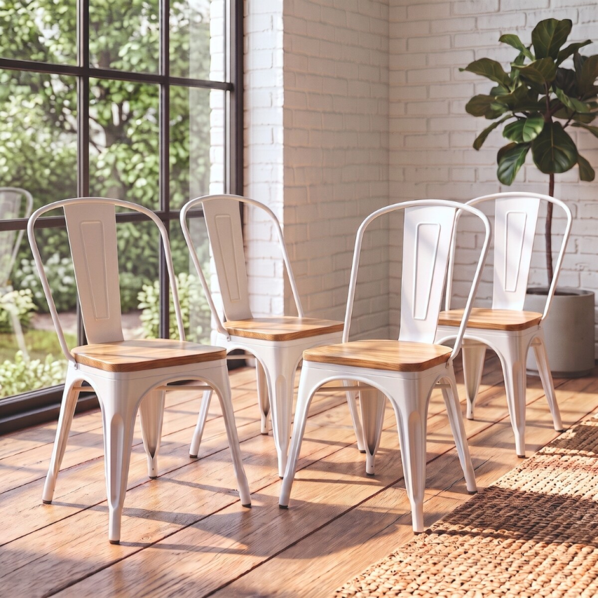 Silla Tolix Pack 4 unidades Metálica Asiento En Madera - Blanco 