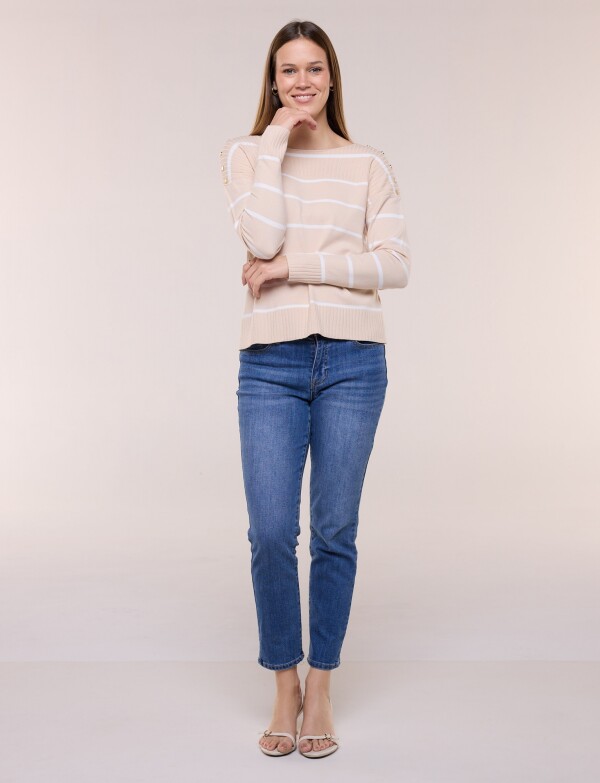Buzo De Punto Fino A Rayas Con Detalle De Botones BEIGE/MULTI