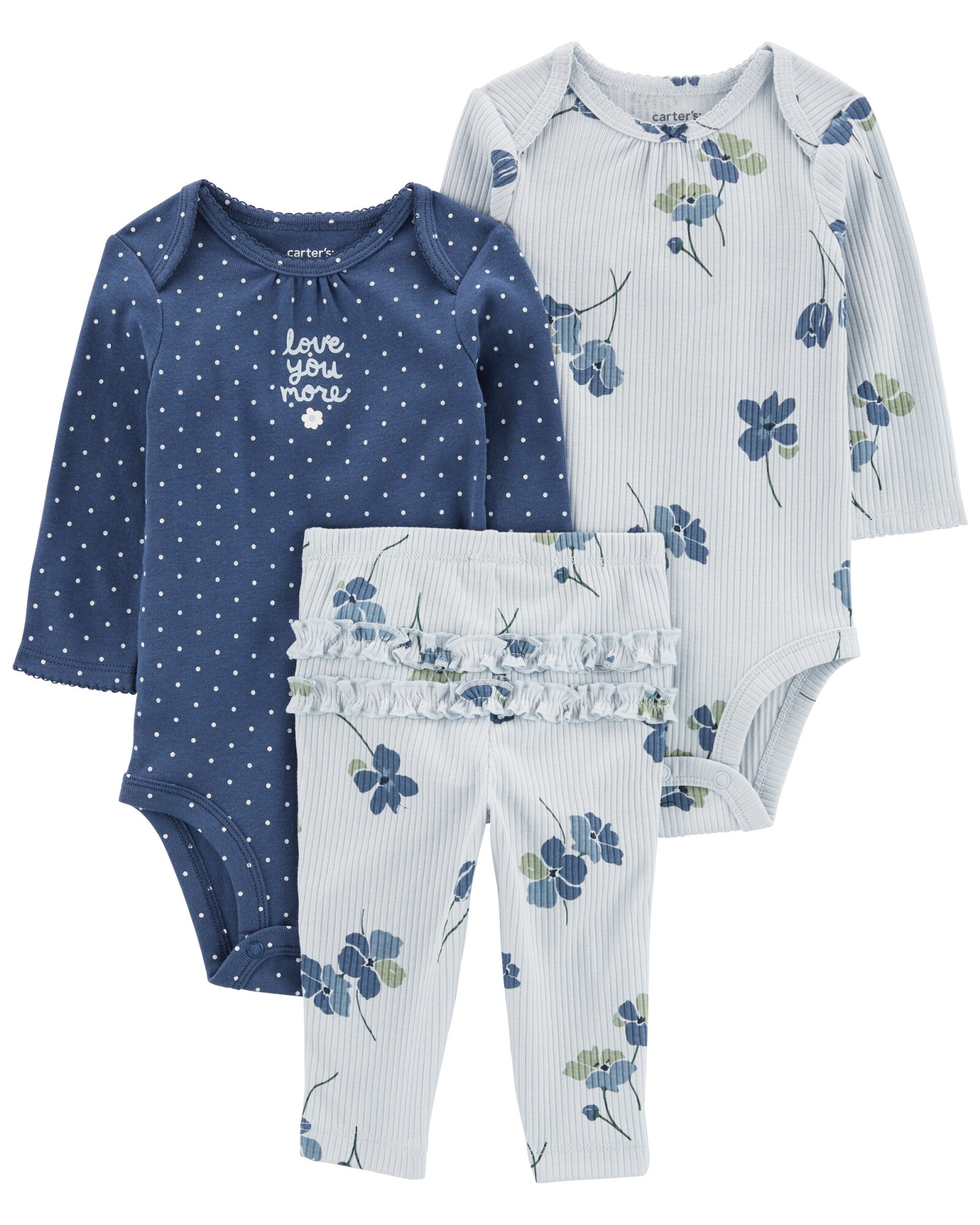 Set tres piezas de algodón, pantalón y bodies, diseño floral Set tres piezas de algodón, pantalón y bodies, diseño floral