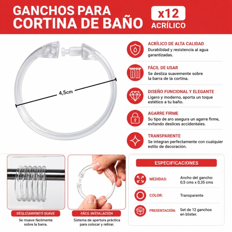Ganchos para cortina de baño x12 acrilico S/C