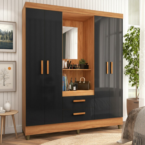 Ropero Vetro 4 Puertas 2 Cajones con Espejo, Perchero y Tocador 150cm MDP - Cinamomo Negro Ropero Vetro 4 Puertas 2 Cajones con Espejo, Perchero y Tocador 150cm MDP - Cinamomo Negro