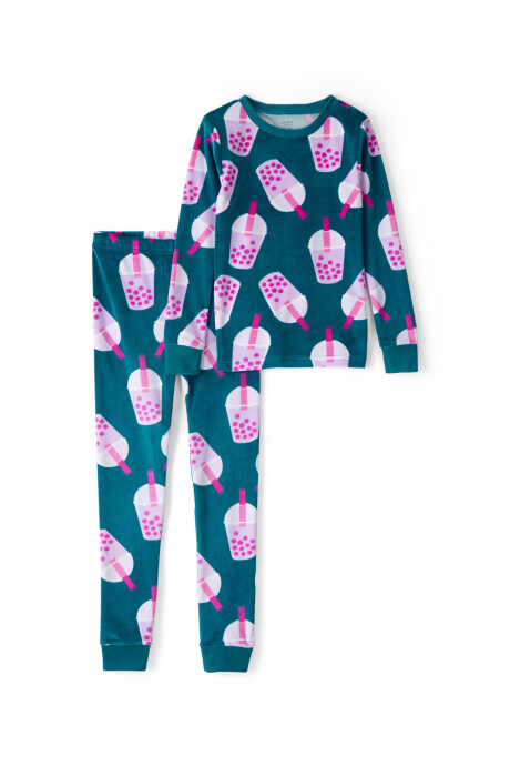 Pijama dos piezas de DreamPlush, remera y pantalón, diseño té de burbujas Sin color