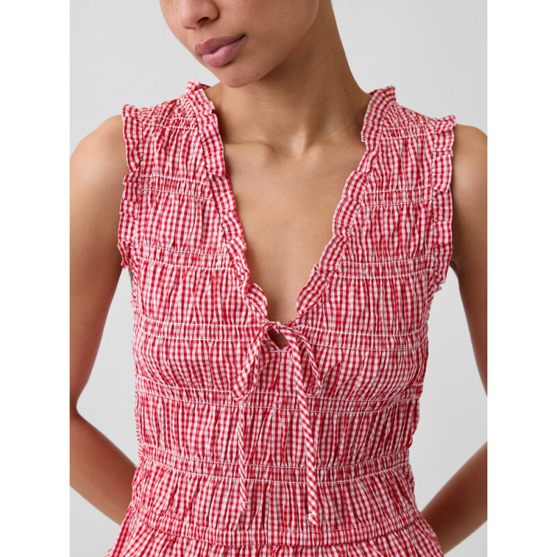 V-SL SMOCKED TIE TOP RED GINGHAM