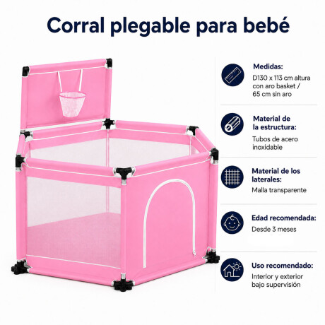 Corral Bebé Plegable Con Aro Basket Pelotero Seguro Rosa