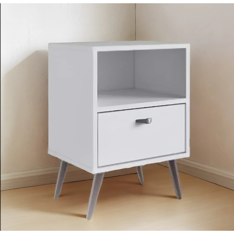 Mesa De Luz Nordica Retro Dormitorio 1 Estantes 1 Cajon Pro Blanco