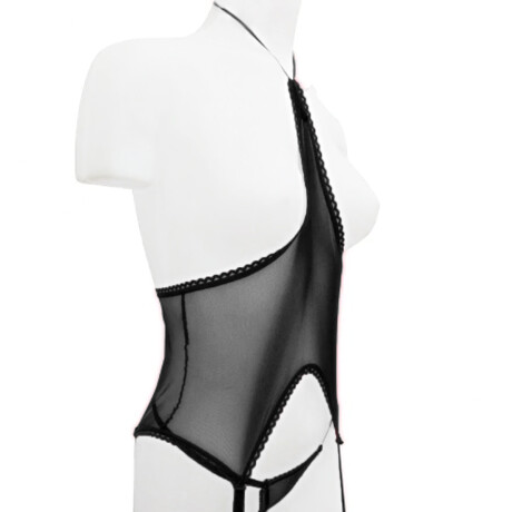 Corset De Tul Sin Tazas Con Portaligas Y Tanga Negro