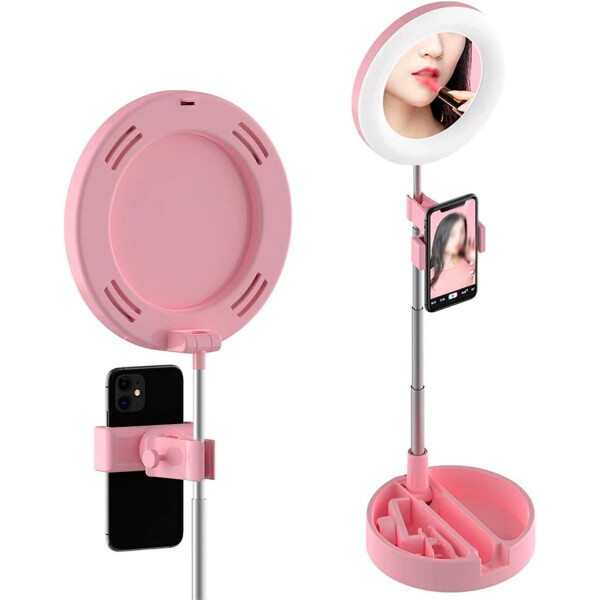 Espejo Con Aro Luz Led Selfie Soporte Celular Maquillaje Variante Color Rosa