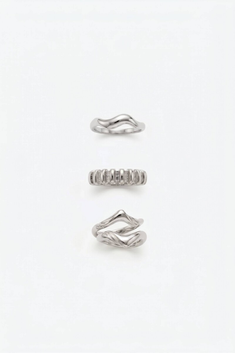 Set de tres anillos wavy irregular plateado