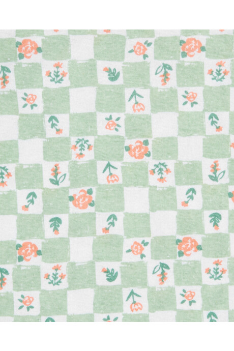 Pijama cuatro piezas de algodón dos remeras y dos pantalones, tonos verde y naranja, diseño floral Sin color