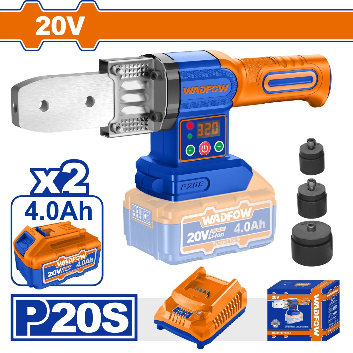 TERMOFUSORA A BATERIA P20S 20V 320°C CON ACCESORIOS + 2 BAT + CARGADOR WADFOW WW 