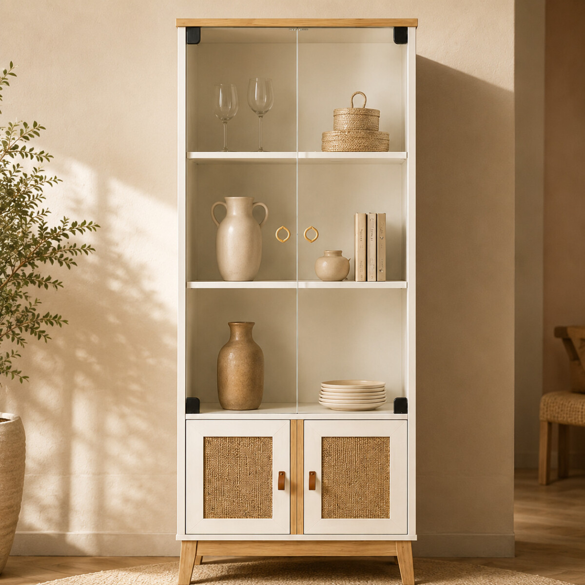 Cristalero ComboHome Rattan Estantes 2 Puertas 180cm Calidad - Blanco 1 