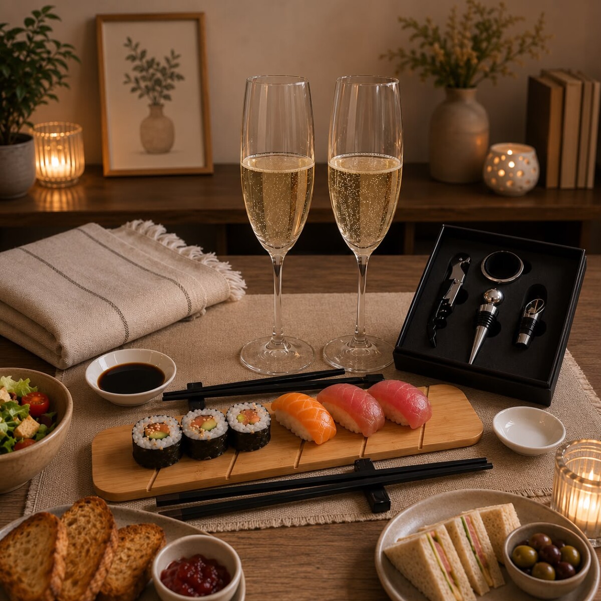Combo ''Sushi en Casa'' Set para Sushi, Set de 2 Copas de Cristal de Champagne y Set 2 Dips Salsa Soja 