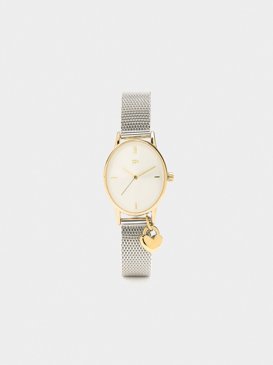 Reloj Pulsera De Malla Metálica Con Charm bicolor