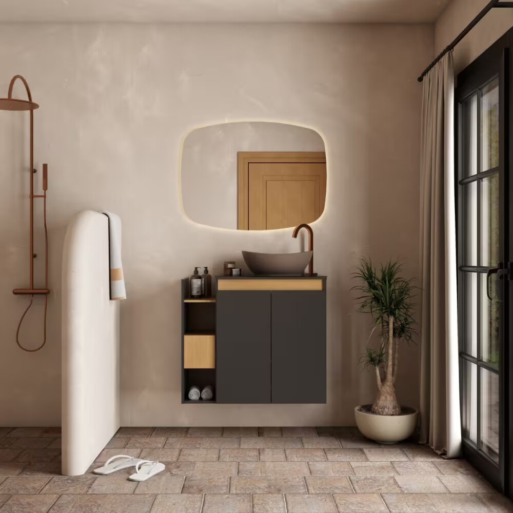 Mueble de baño suspendido Lotus Negro 80 cm con tapa de vidrio con bacha Mueble De Baño Suspendido Lotus Negro 80 Cm Con Tapa De Vidrio Con Bacha