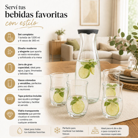 Set Botella Vidrio c/Tapa 1,2L+4 Vasos 360ml Diseño Moderno Transparente