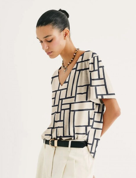BLUSA DE CUELLO EN V CON ESTAMPADO BLANCO