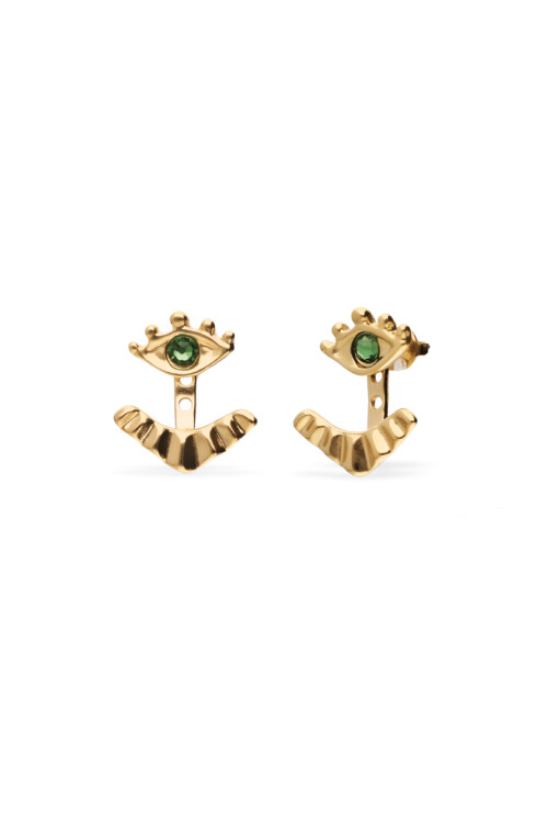 PENDIENTES DE ALEACIÓN DE METALES BAÑADO EN ORO 18K CON PESTAÑAS DESMONTABLES Y CRISTAL VERDE Pendiente