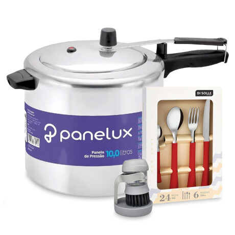 Set de Olla Presión 10L + Cubiertos 24Pzas + Cepillo p/Lavar Rojo