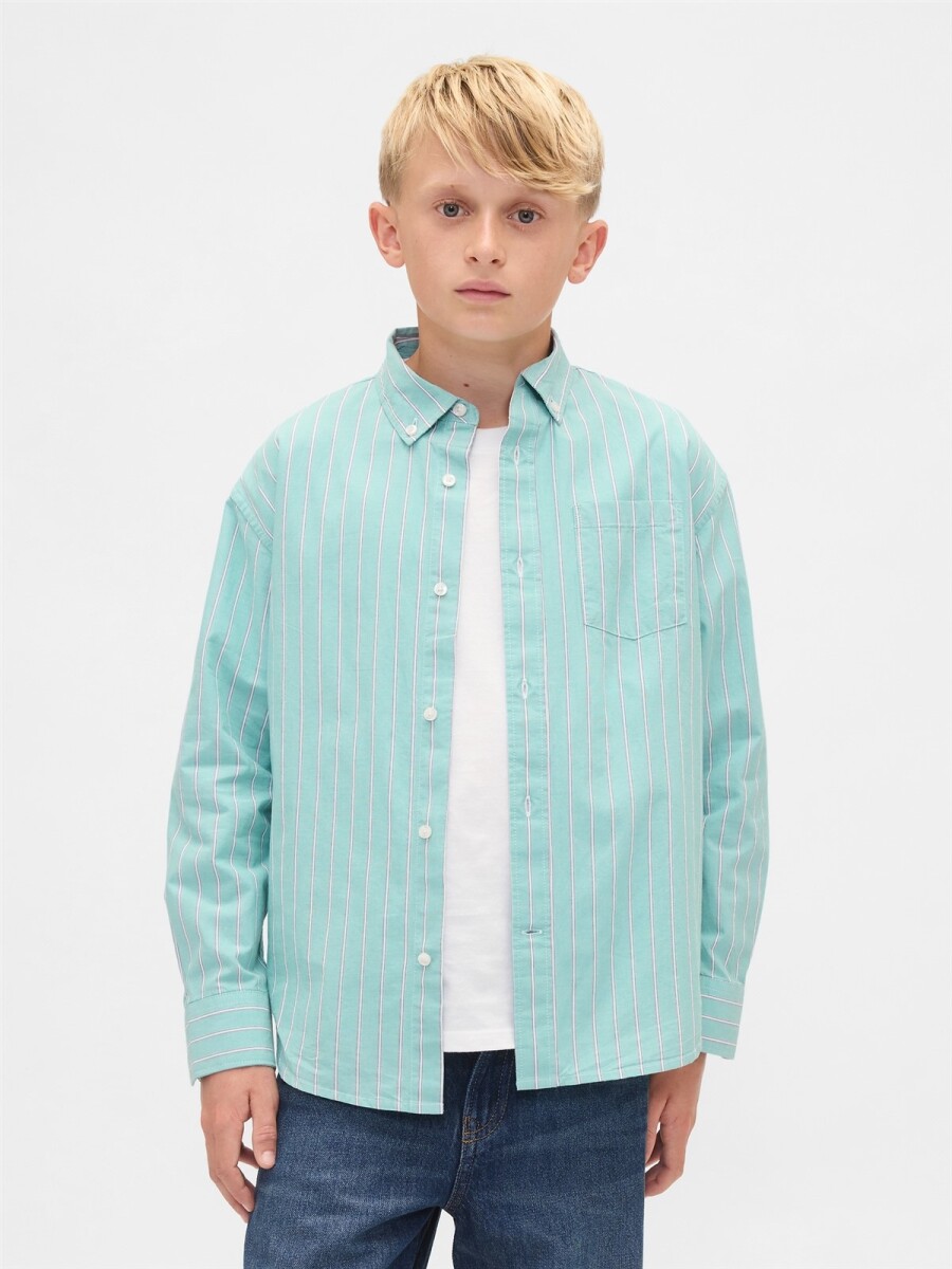 Camisa Poplin Niño - Teal Stripe 