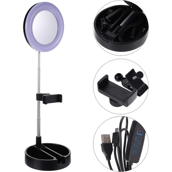 Espejo Con Aro Luz Led Selfie Soporte Celular Maquillaje Variante Color Negro
