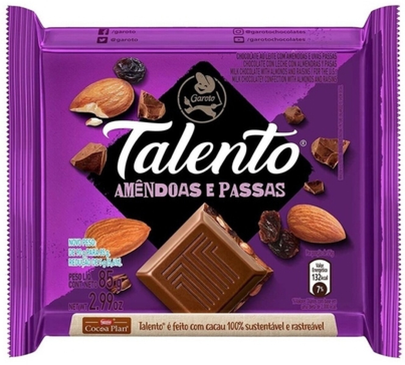 TABLETA CHOCOLATE TALENTO 85G ALMENDRAS 