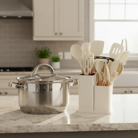 Set Cocina Utensilios 19Pzs + Olla Acero Inoxi 26cm 7,9L Beige