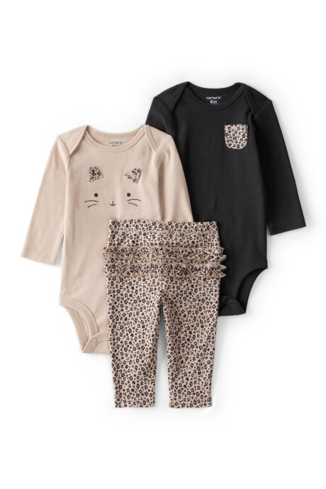 Set tres piezas de algodón, pantalón y dos bodies, diseño guepardo Set tres piezas de algodón, pantalón y dos bodies, diseño guepardo