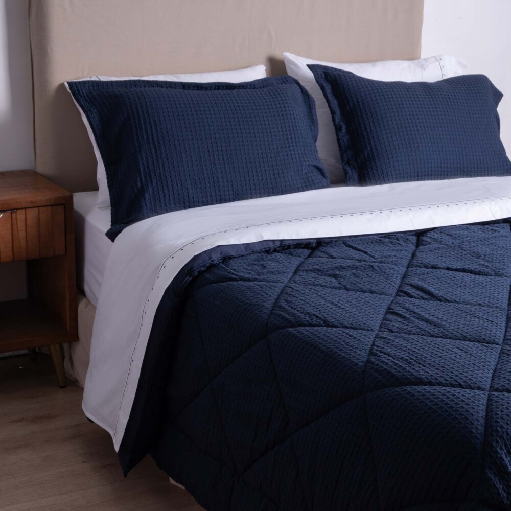 SET DE ACOLCHADO 2 PLAZAS POLIESTER AZUL GOFRE MARINO