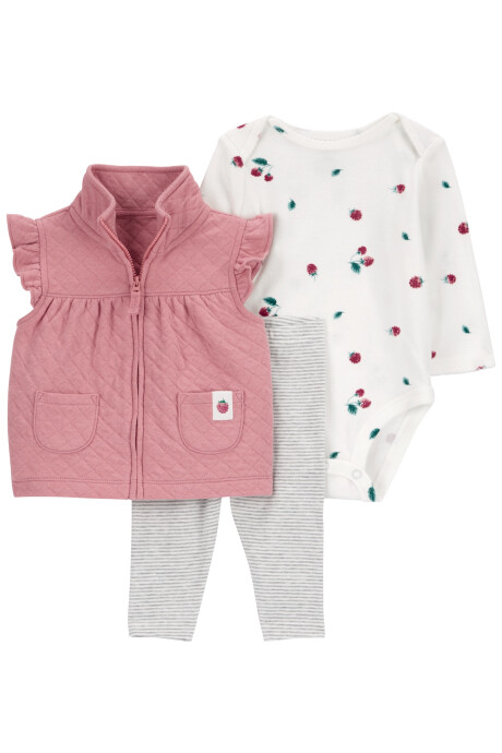 Set tres piezas de algodón, chaleco capitoneado, pantalón y body, diseño frambuesas Set tres piezas de algodón, chaleco capitoneado, pantalón y body, diseño frambuesas