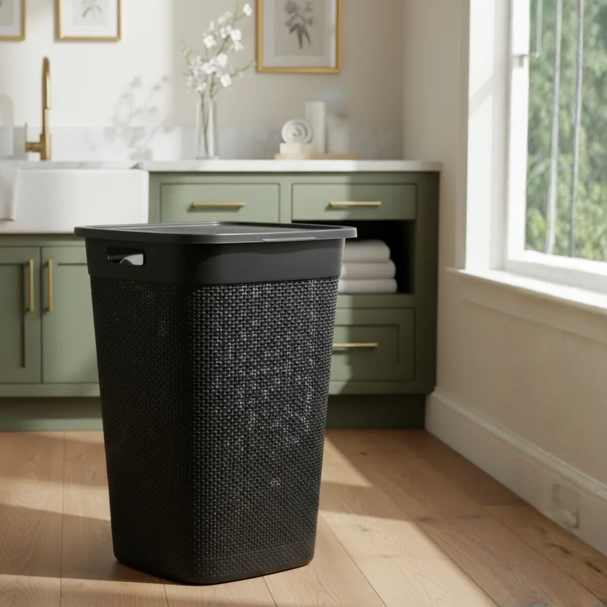 Cesto para ropa simil ratán con tapa 55 lts - TABACO 