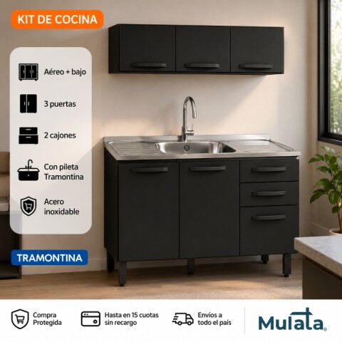Kit de Cocina Bajo Mesada 3 Puertas y 2 Cajones con Pileta Central Tramontina Acero Inox Y Areo 3 Puertas - Negro Kit de Cocina Bajo Mesada 3 Puertas y 2 Cajones con Pileta Central Tramontina Acero Inox Y Areo 3 Puertas - Negro