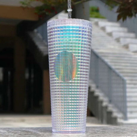 Vaso plástico diseño tornasol con tapa y sorbete – 720ml Blanco