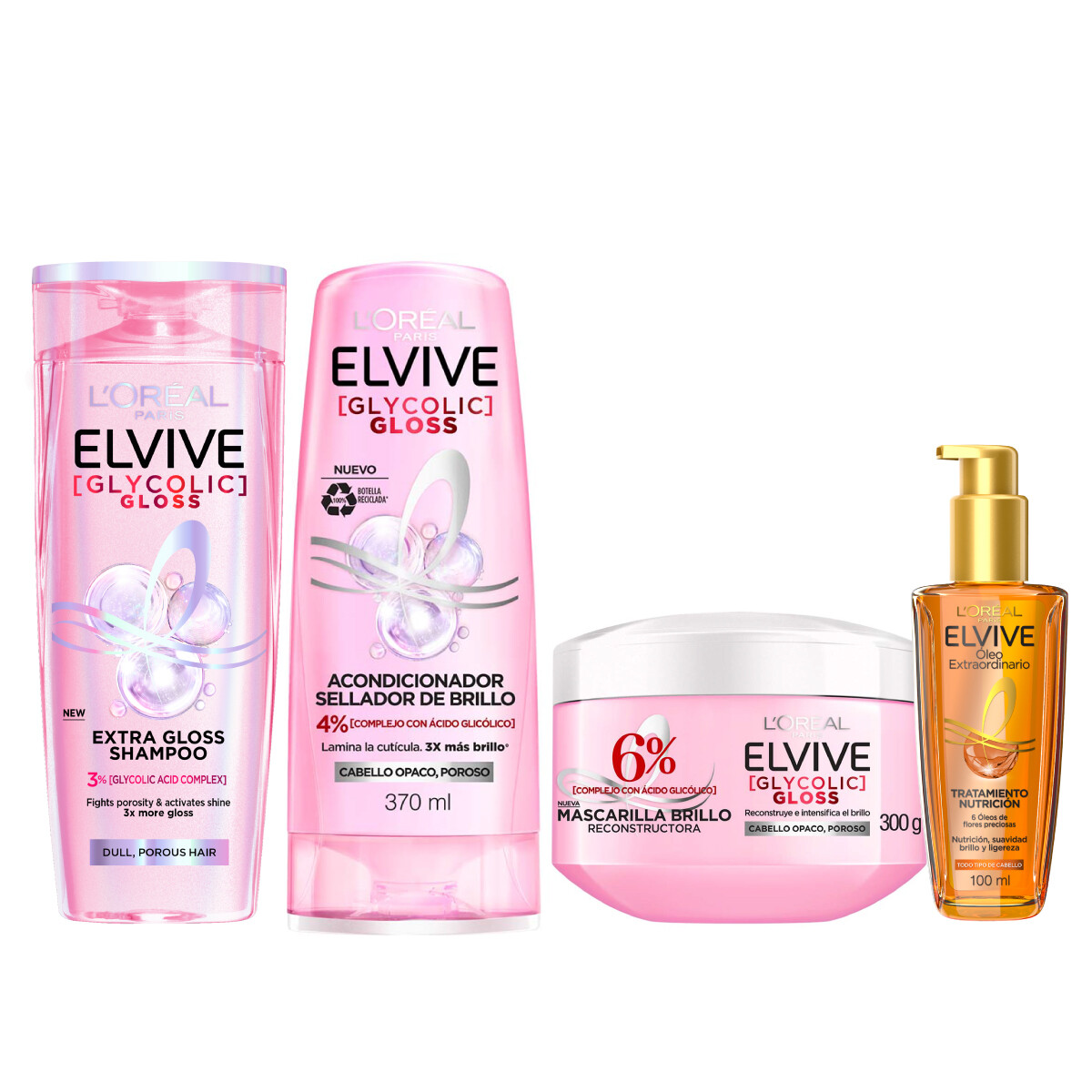 Pack L'Oreal Paris Elvive Glyco Gloss - Shampoo + Acondicionador + Mascarilla + Tratamiento Capilar 