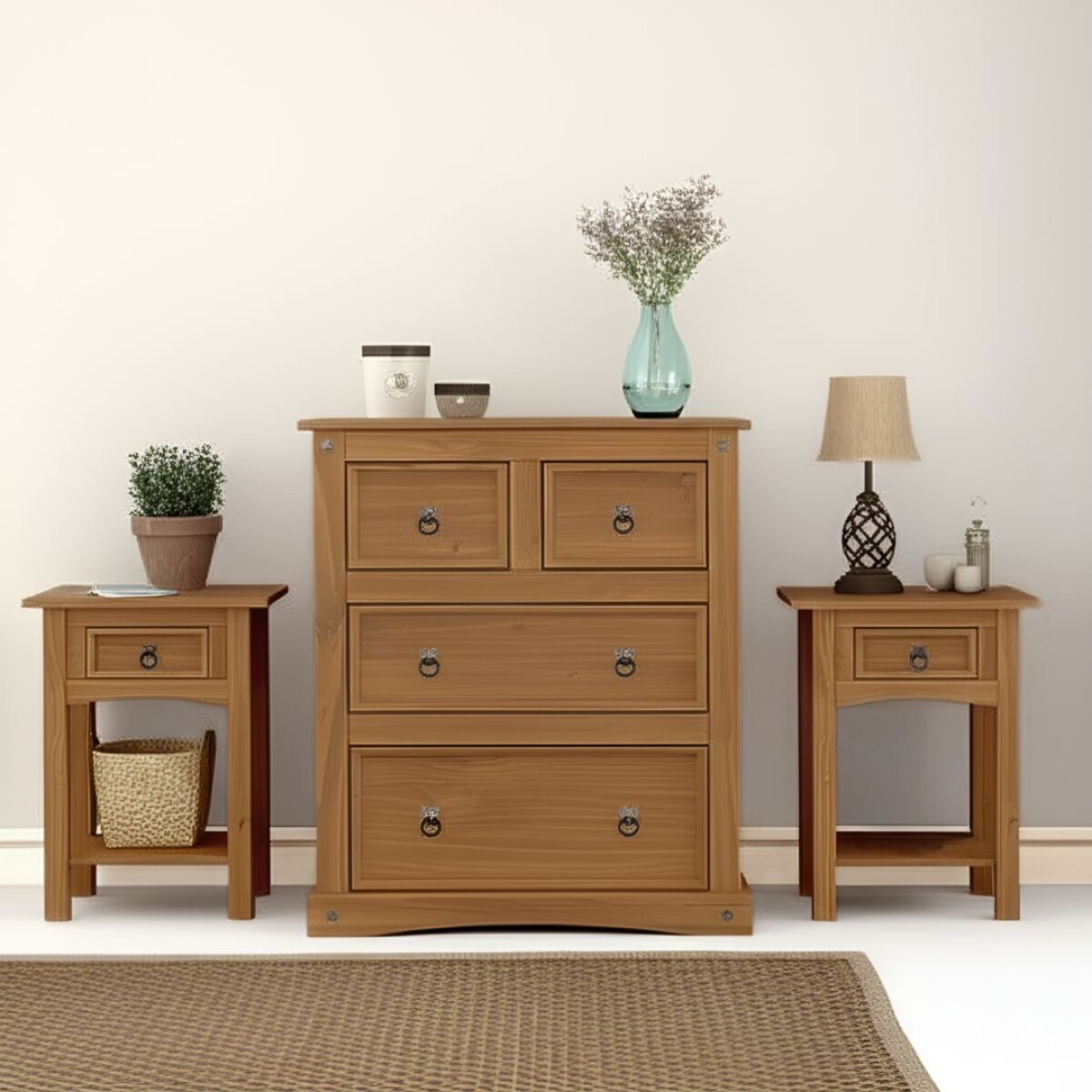 Promo Comoda 4 Cajones + 2 Mesas De Luz Linea Naturale - Roble 