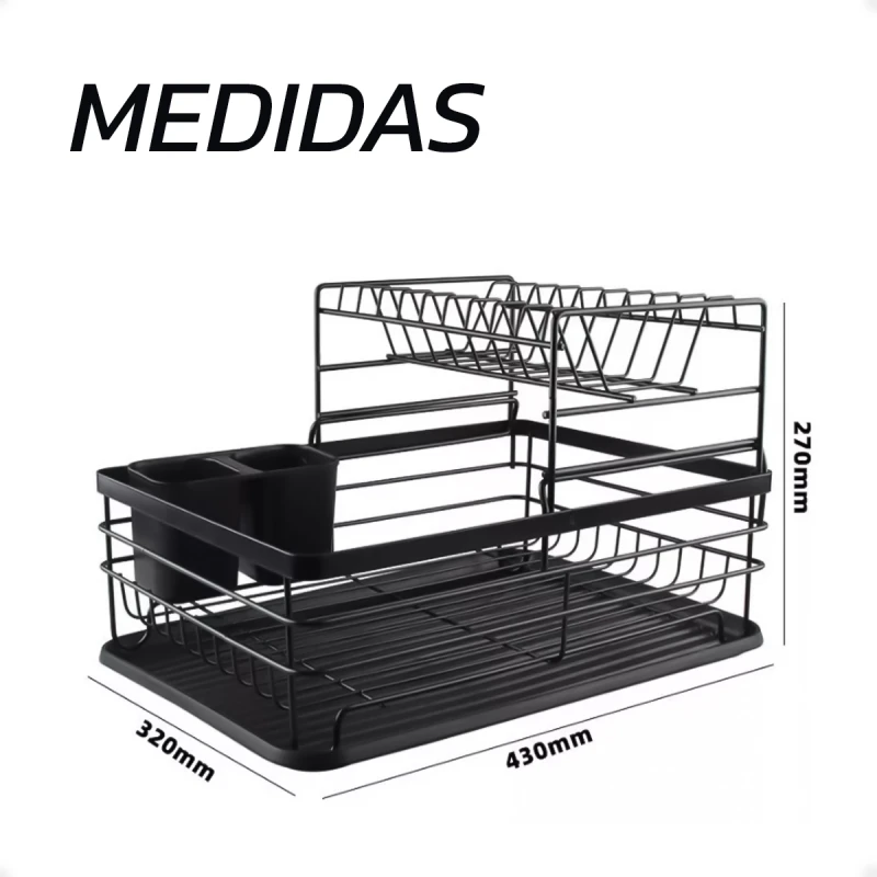 Escurridor de Platos Vasos Cubiertos Copas Doble Compartimento de Color Negro Escurridor de Platos Vasos Cubiertos Copas Doble Compartimento de Color Negro
