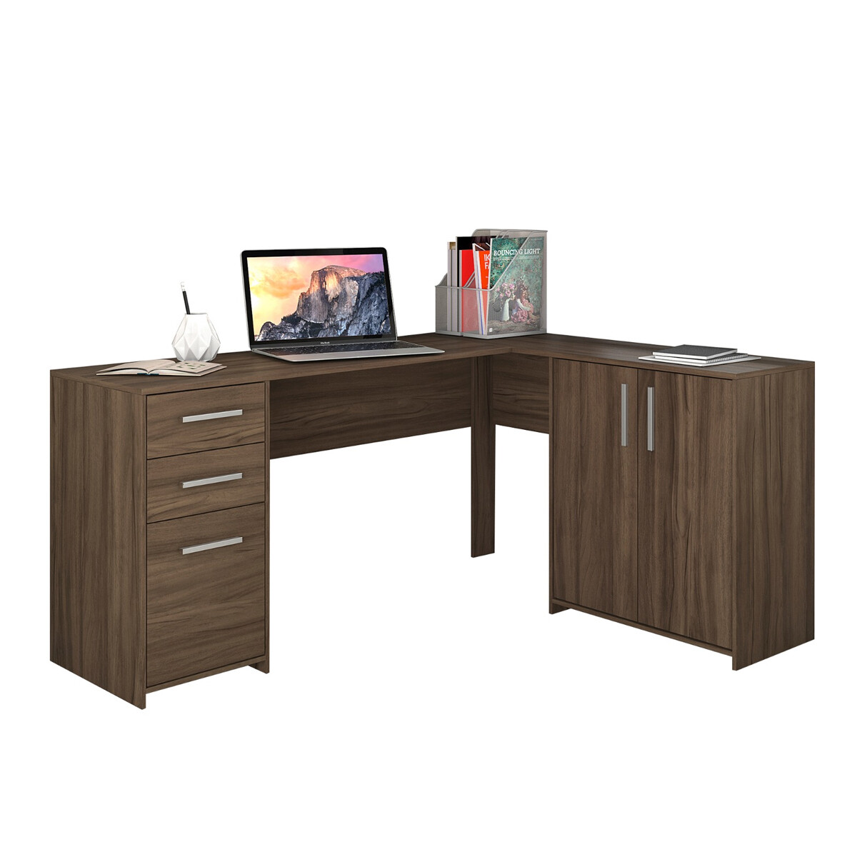 ESCRITORIO ESQUINERO MESA PARA PC LAPTOP COMPUTADORA 2 PUERTAS 2 CAJONES - COLOR MADERA 