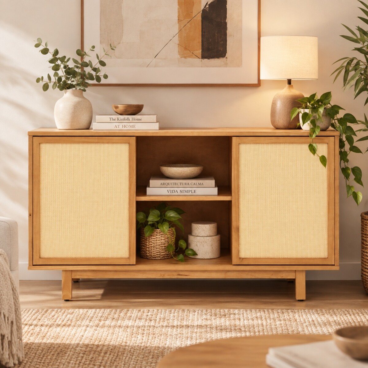 BUFFET APARADOR DE MADERA 2 PUERTAS CON RATÁN Y ESTANTES 