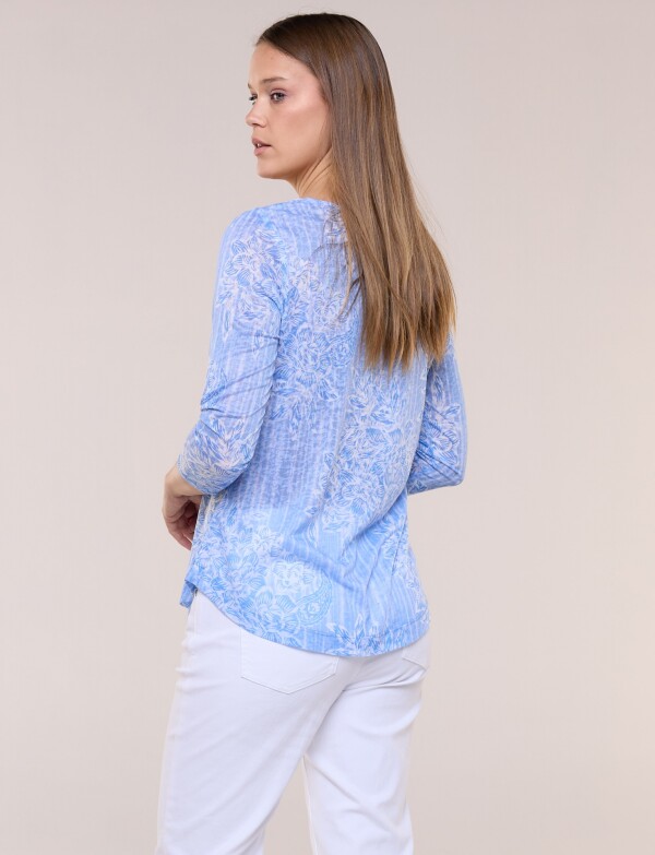 Blusa Estampada Devoré Con Pechera De Encaje CELESTE/MULTI