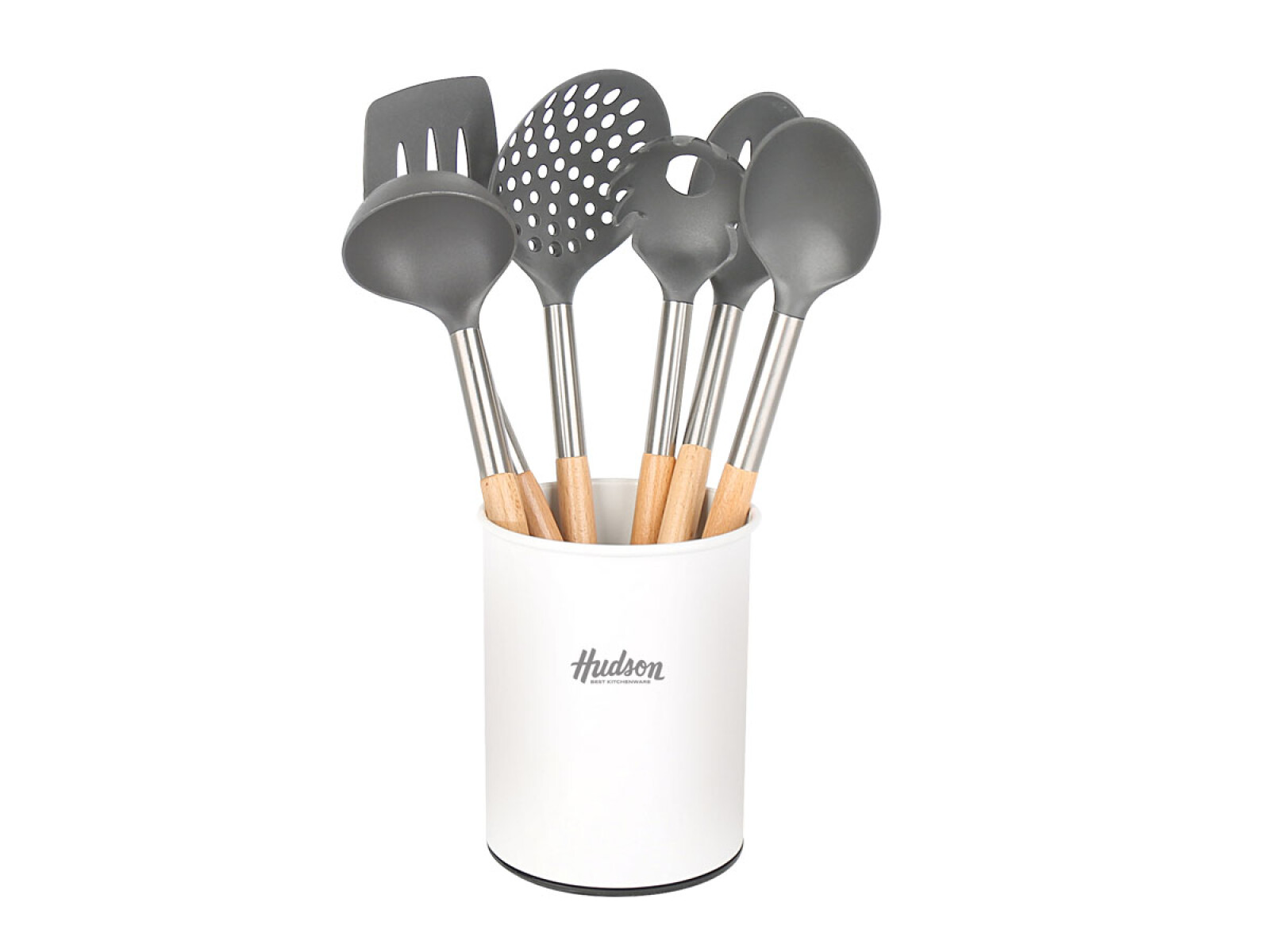 Set 6 Utensilios Nylon Con Mango De Madera Hudson - Blanco 