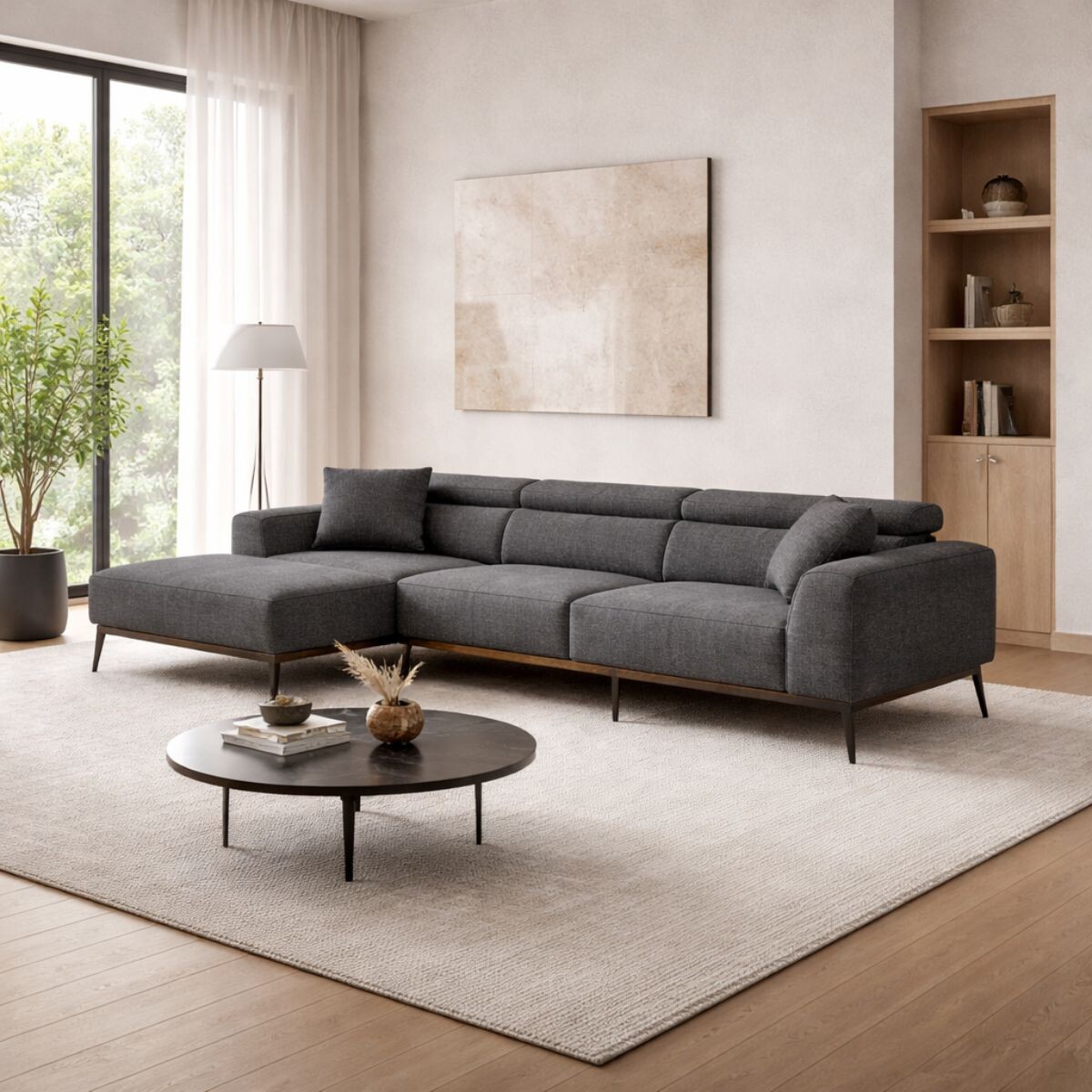 Sofá con chaise DUNA TELA Gris IZQUIERDO 